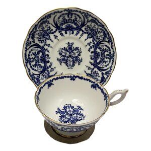 Coalport Teacup Saucer White Blue Scroll Bone China Made in England